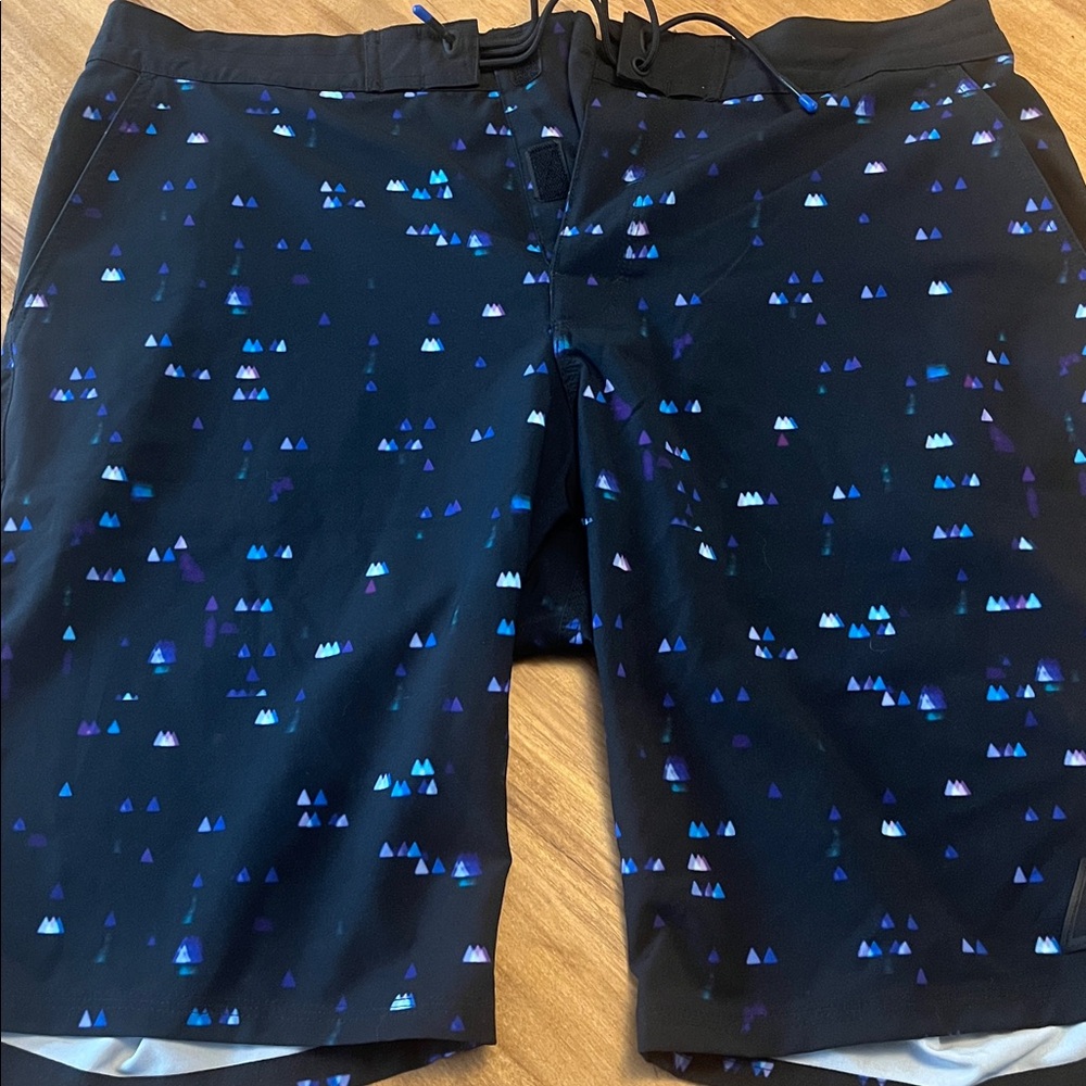 Black Swim Shorts with Blue and Purple Pattern